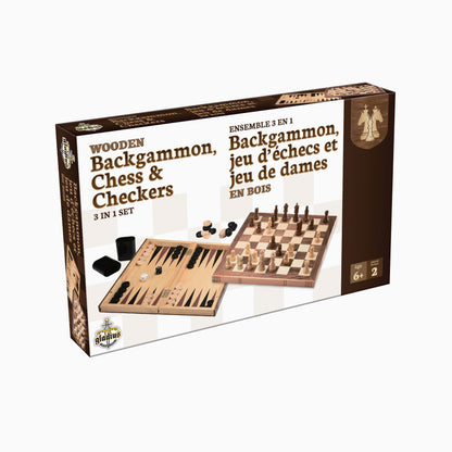 Backgammon, jeux d’échecs et de dames en bois – Ensemble 3-en-1